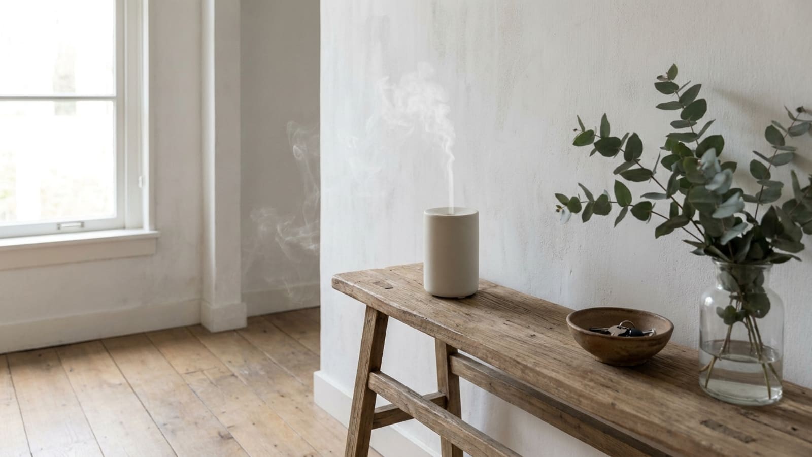 Smalle houten tafel tegen een witte muur met een lichte cilindervormige diffuser waar nevel uit opstijgt, een schaaltje met sleutels en een glazen vaas met eucalyptustakken, links een raam en een plankenvloer