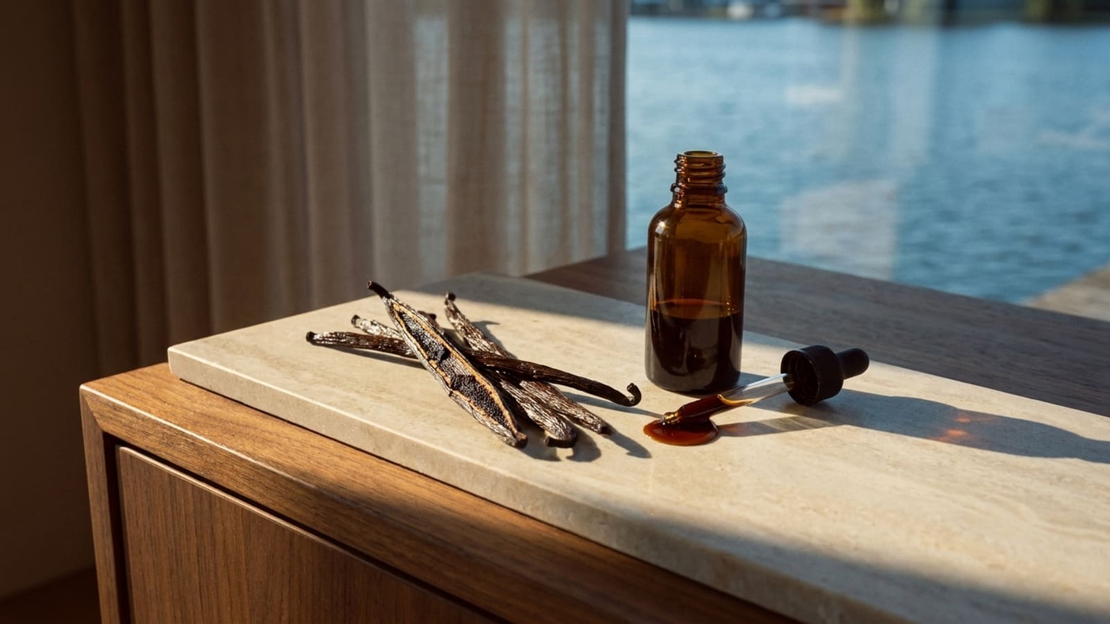 Donkere vanillepeulen, waarvan één opengesneden, op een lichte stenen plaat naast een open bruin glazen flesje en een pipet met een dikke donkerbruine druppel, op een houten kast in laag zonlicht, met een doorschijnend gordijn en water op de achtergrond
