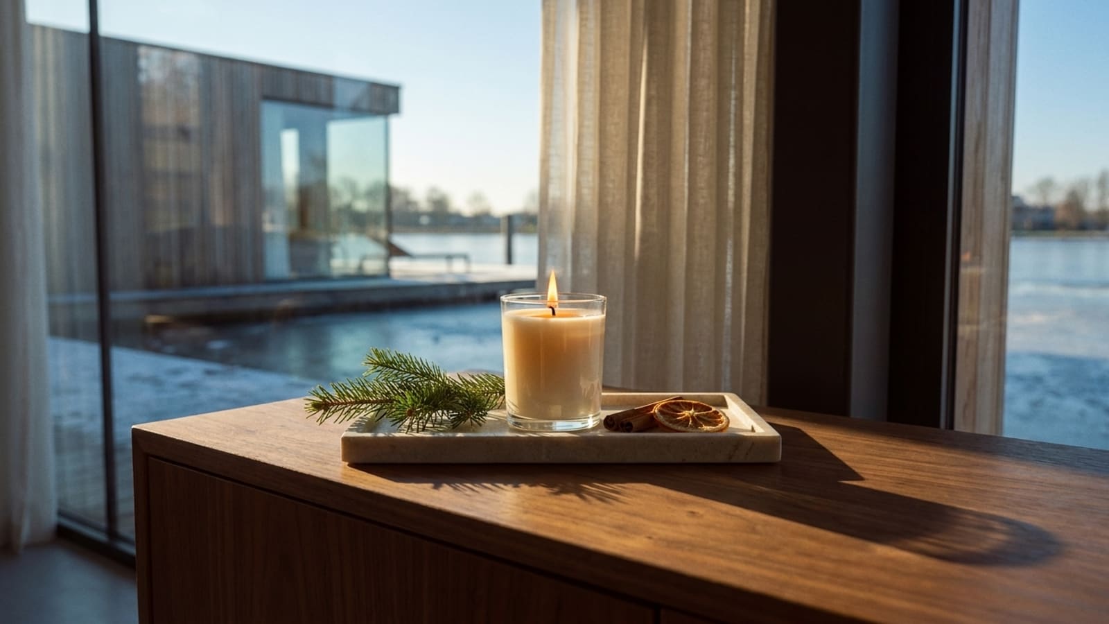 Een brandende kaars in een helder glas op een licht dienblad met een takje spar, twee kaneelstokjes en een gedroogd sinaasappelschijfje, op een houten kast voor een raam met een doorschijnend gordijn en water buiten