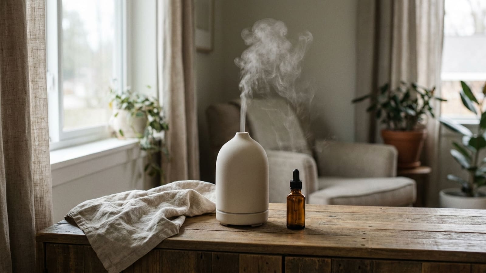 Lichte koepelvormige diffuser waar een pluim nevel uit opstijgt, op een houten kast naast een bruin druppelflesje en een gekreukte doek, met op de achtergrond een fauteuil, kamerplanten en een raam met gordijnen