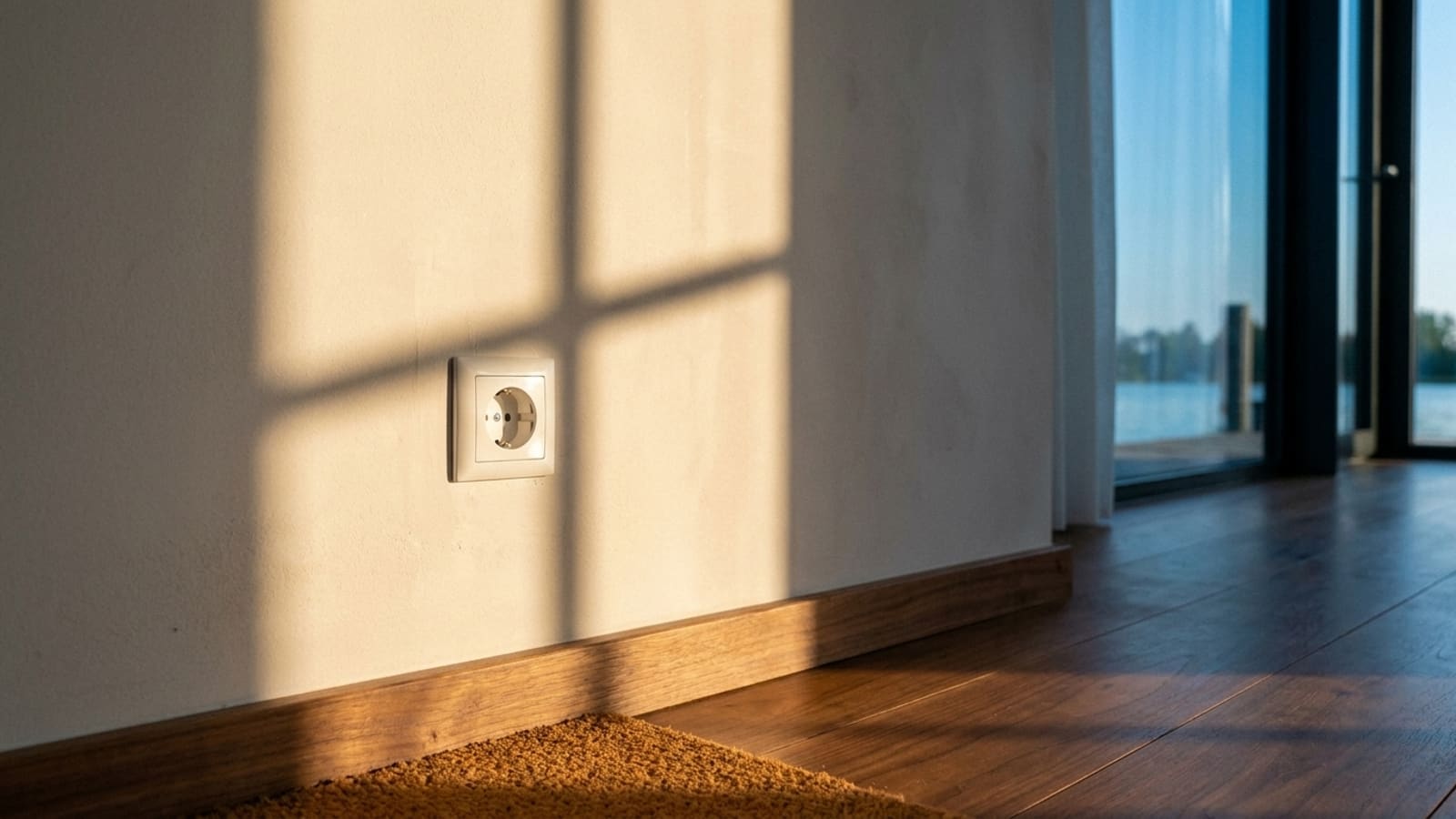 Leeg wit stopcontact laag in een lichte muur boven een houten plint, met de schaduw van een raamkozijn in het zonlicht, een houten vloer, de rand van een mat en rechts een glazen pui met uitzicht op water